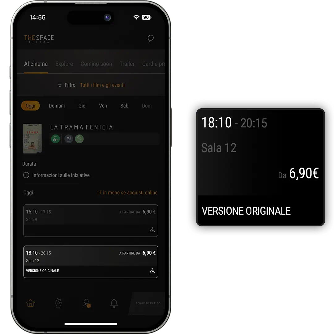 Applicazione The Space Cinema mobile con tag film in Versione Originale